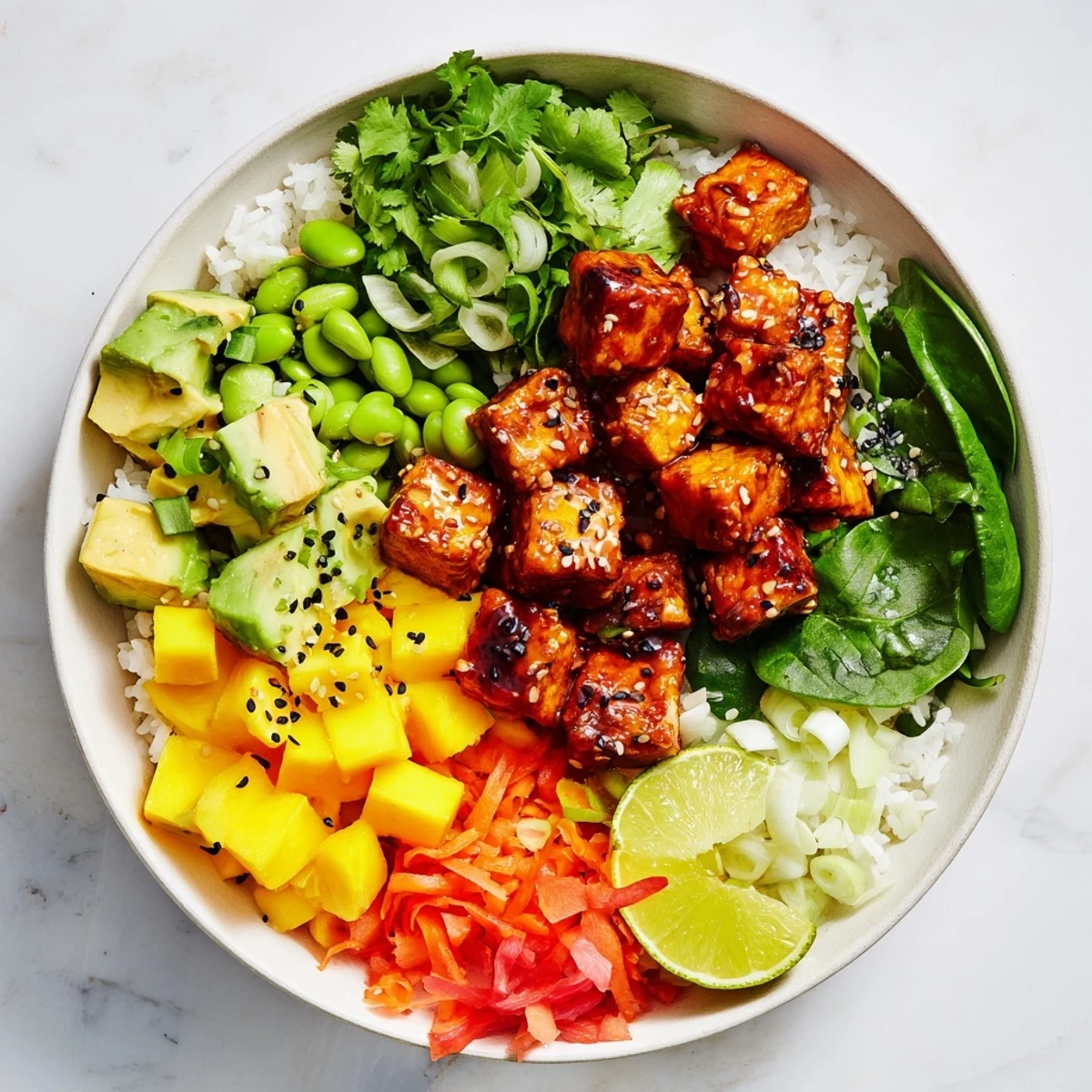 Vegan avocado mango poke salad with sesame seeds and crisp vegetables in bowl