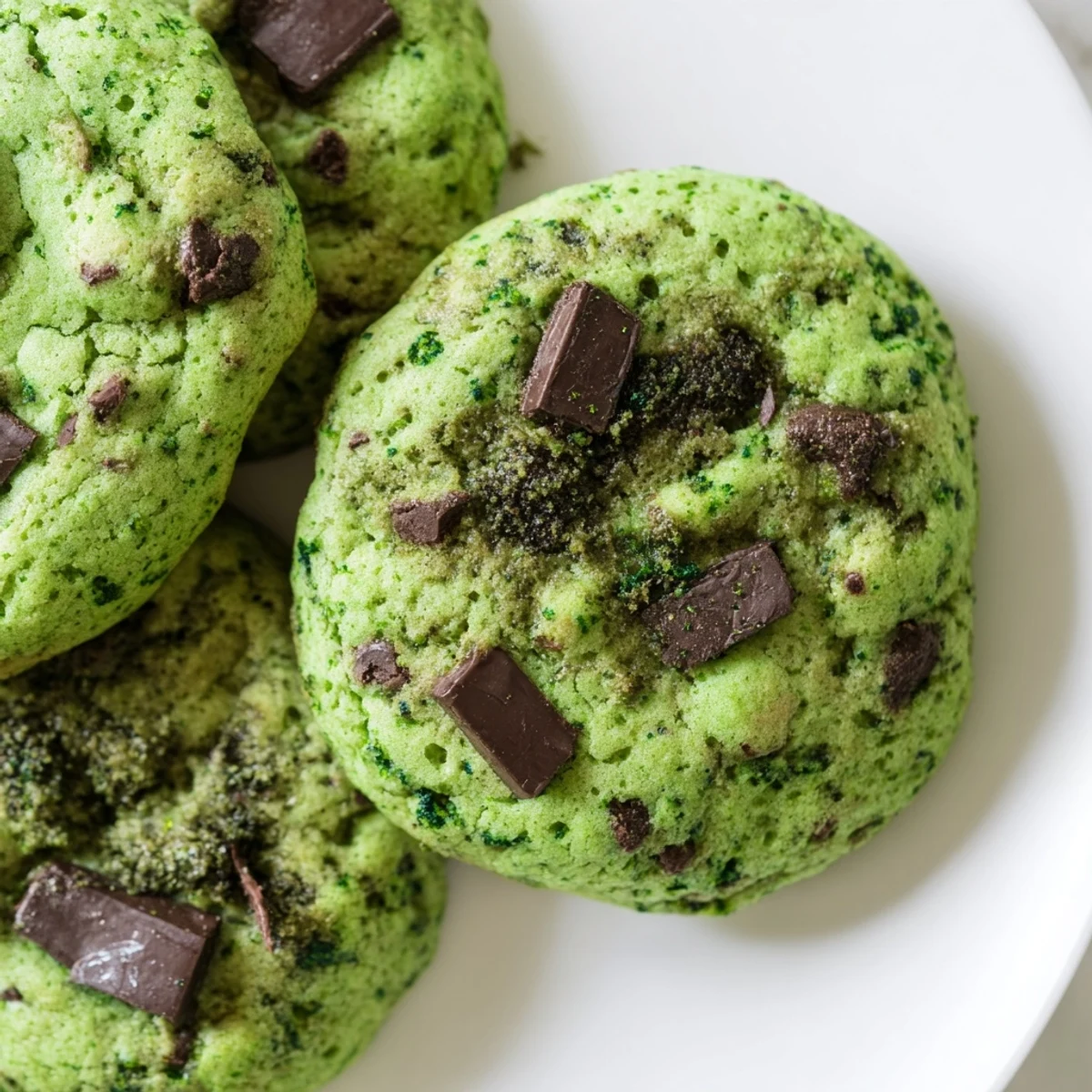 Freshly baked green mint chocolate chip cookies stacked on a white serving plate