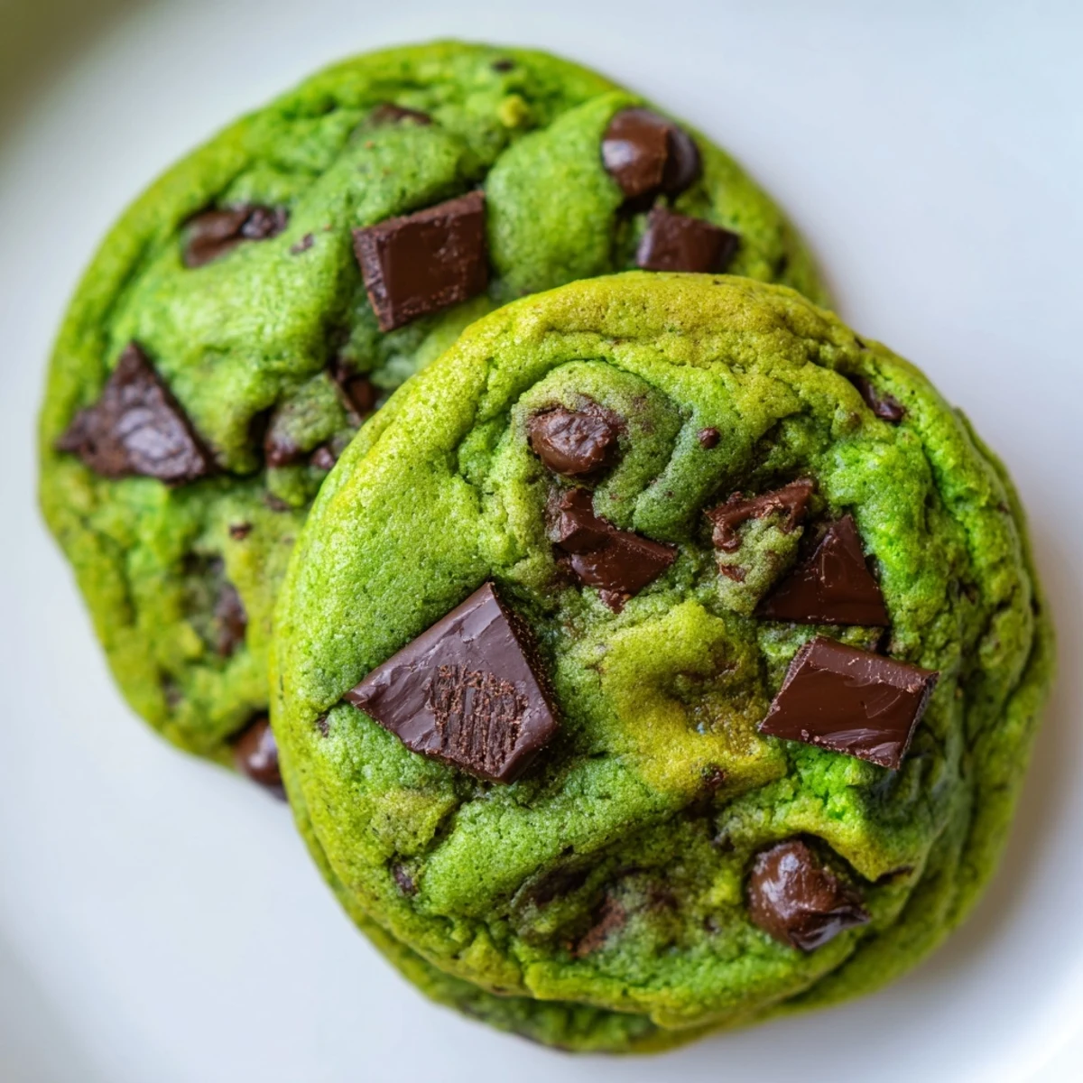 Close-up of chewy green mint chocolate chip cookies showing dark chocolate chip pockets
