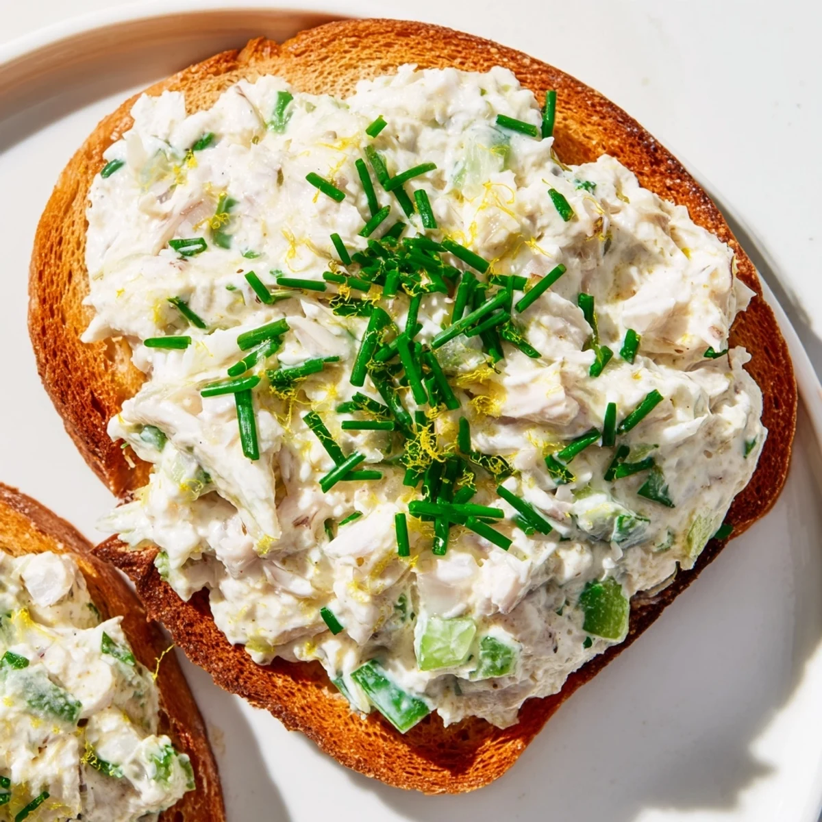 Golden sourdough crab toast topped with creamy crab salad and fresh chives
