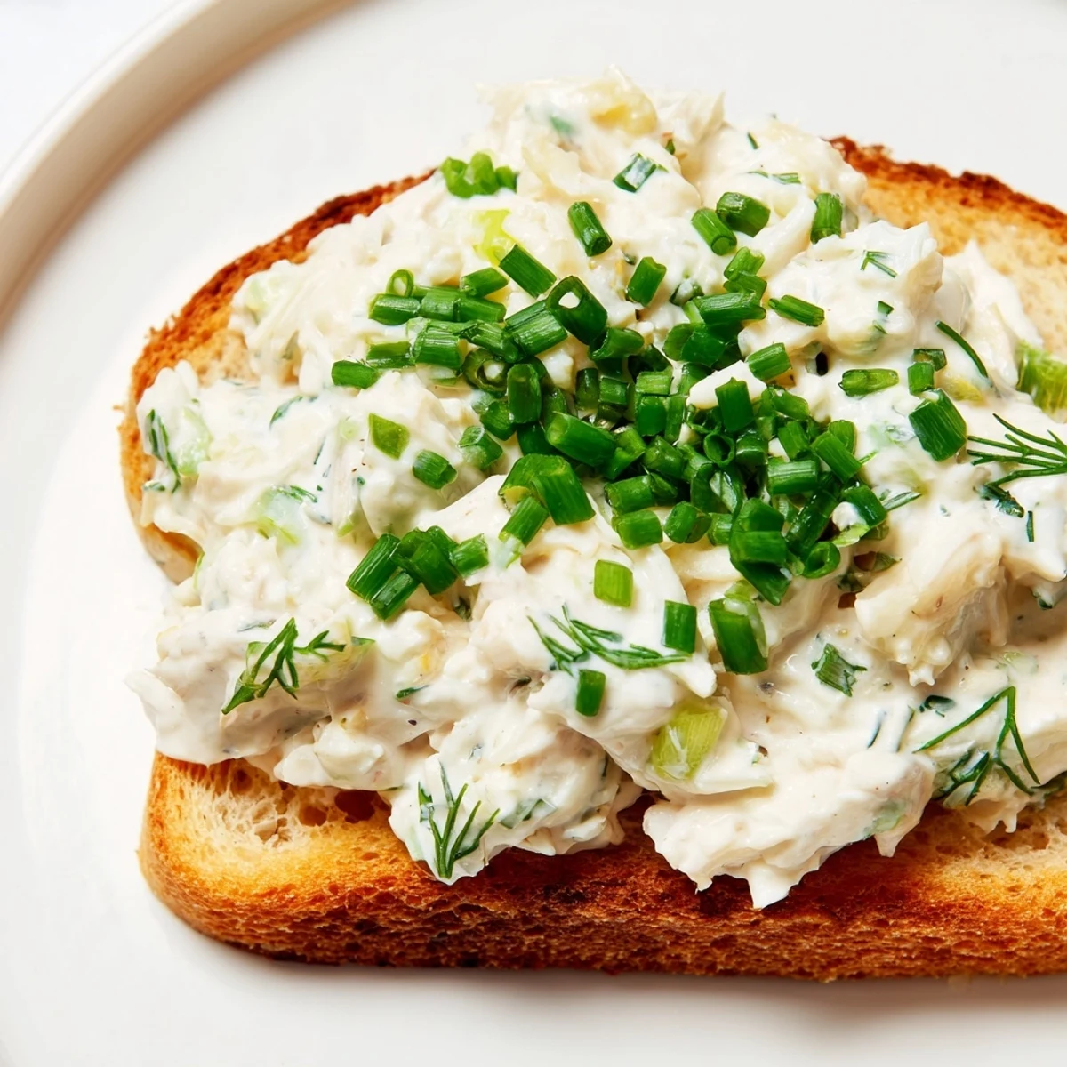 Warm crab toast appetizer garnished with lemon wedges and chopped dill