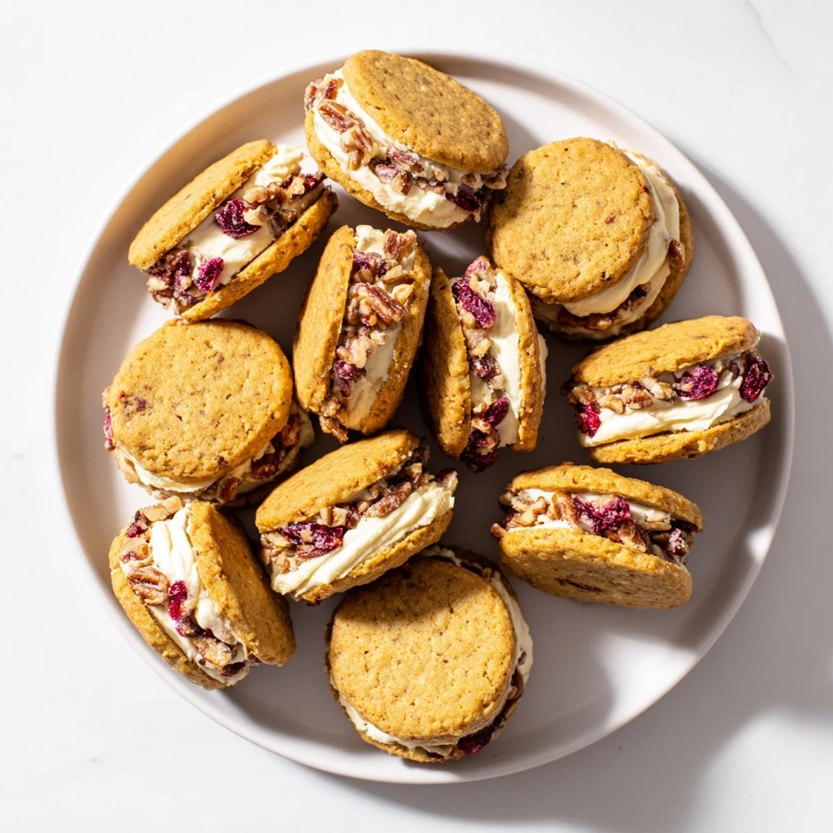 Golden cranberry pecan sandwich cookies stacked on a white plate with visible cream cheese filling