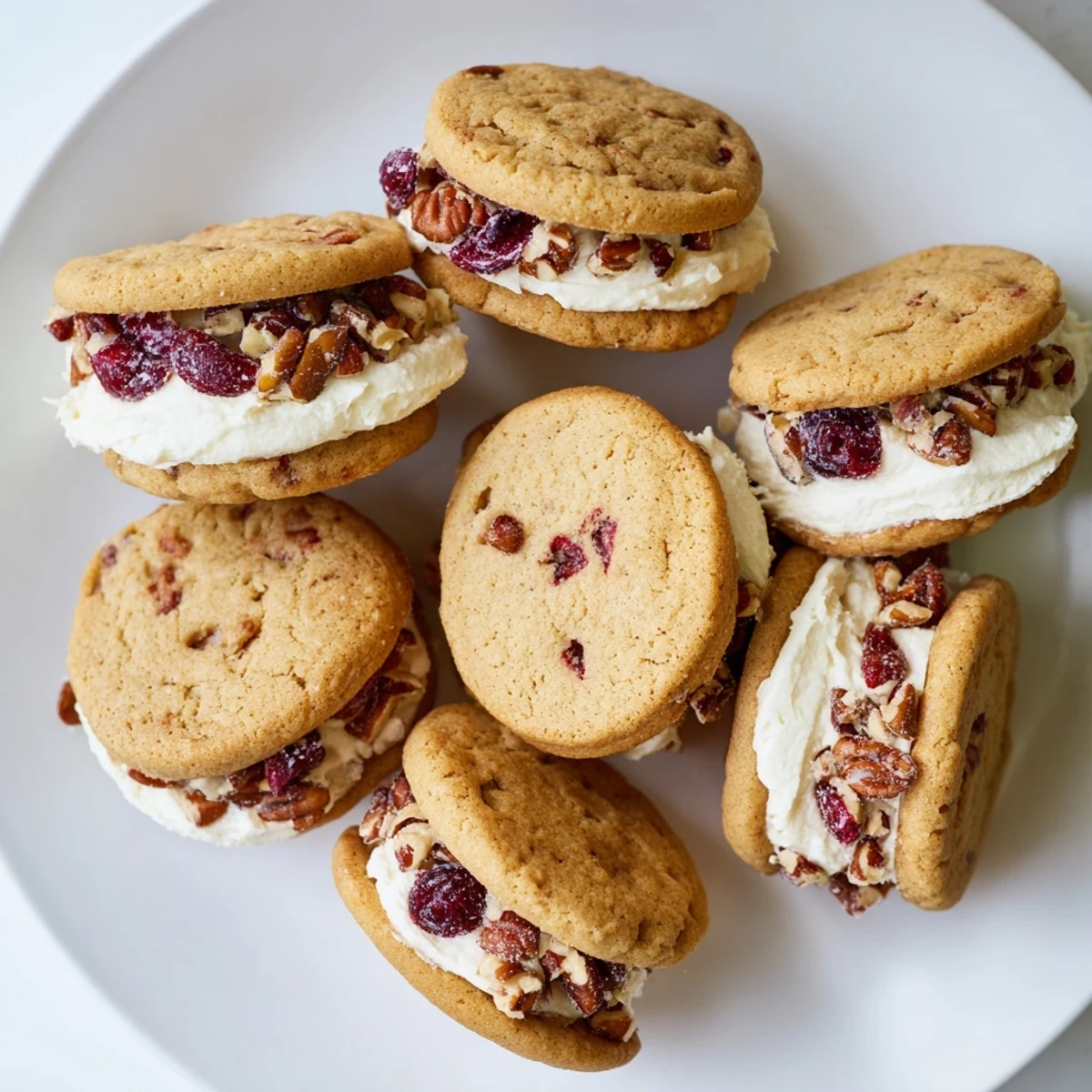 Close-up of festive cranberry pecan sandwich cookies with red berries peeking through golden cookie edges