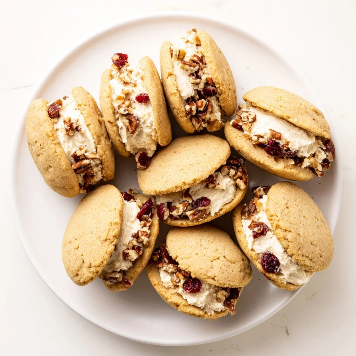 Two buttery sandwich cookies pulled apart to reveal tart cranberries and pecans in cream cheese filling