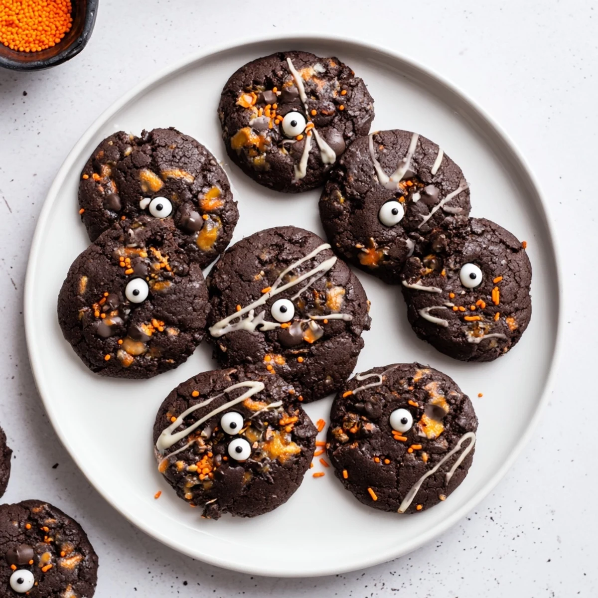 Spooky chocolate orange freaky face cookies decorated with candy eyeballs and colorful sprinkles for Halloween