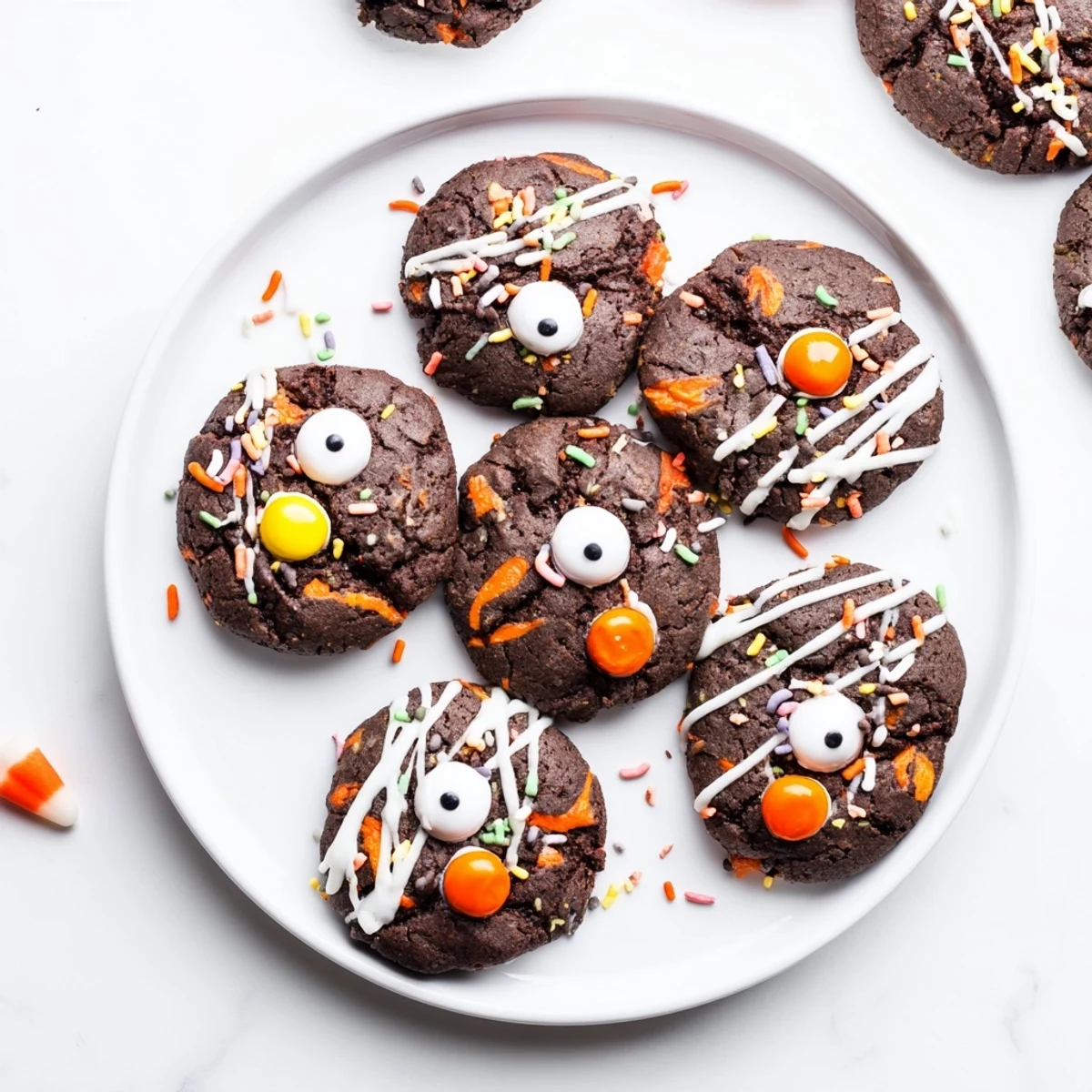 Rich chocolate orange freaky face cookies featuring candy eyeballs, orange zest accents, and festive Halloween decorations