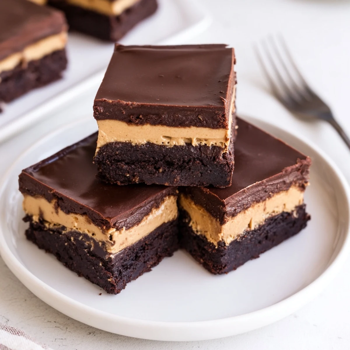 Rich chocolate layered peanut butter brownies sliced into squares on a white plate