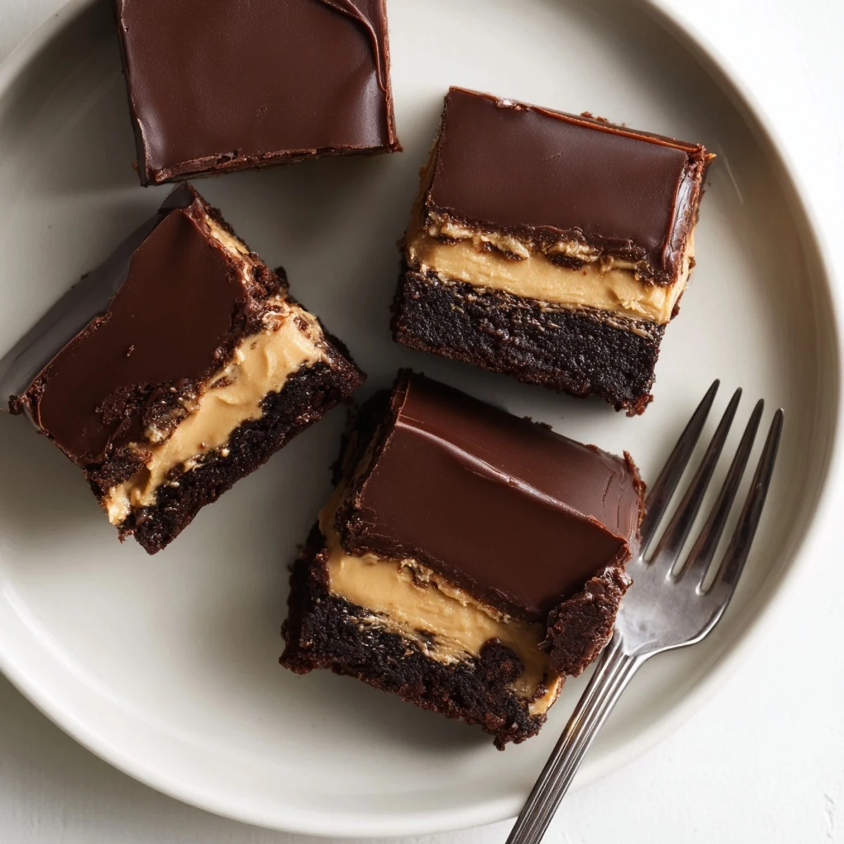Decadent three-layer peanut butter brownies with fudgy chocolate base and glossy ganache topping