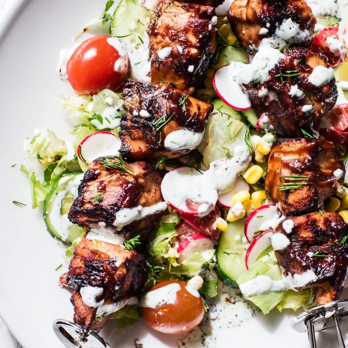 Golden BBQ chicken skewers resting on crisp salad greens drizzled with herby ranch