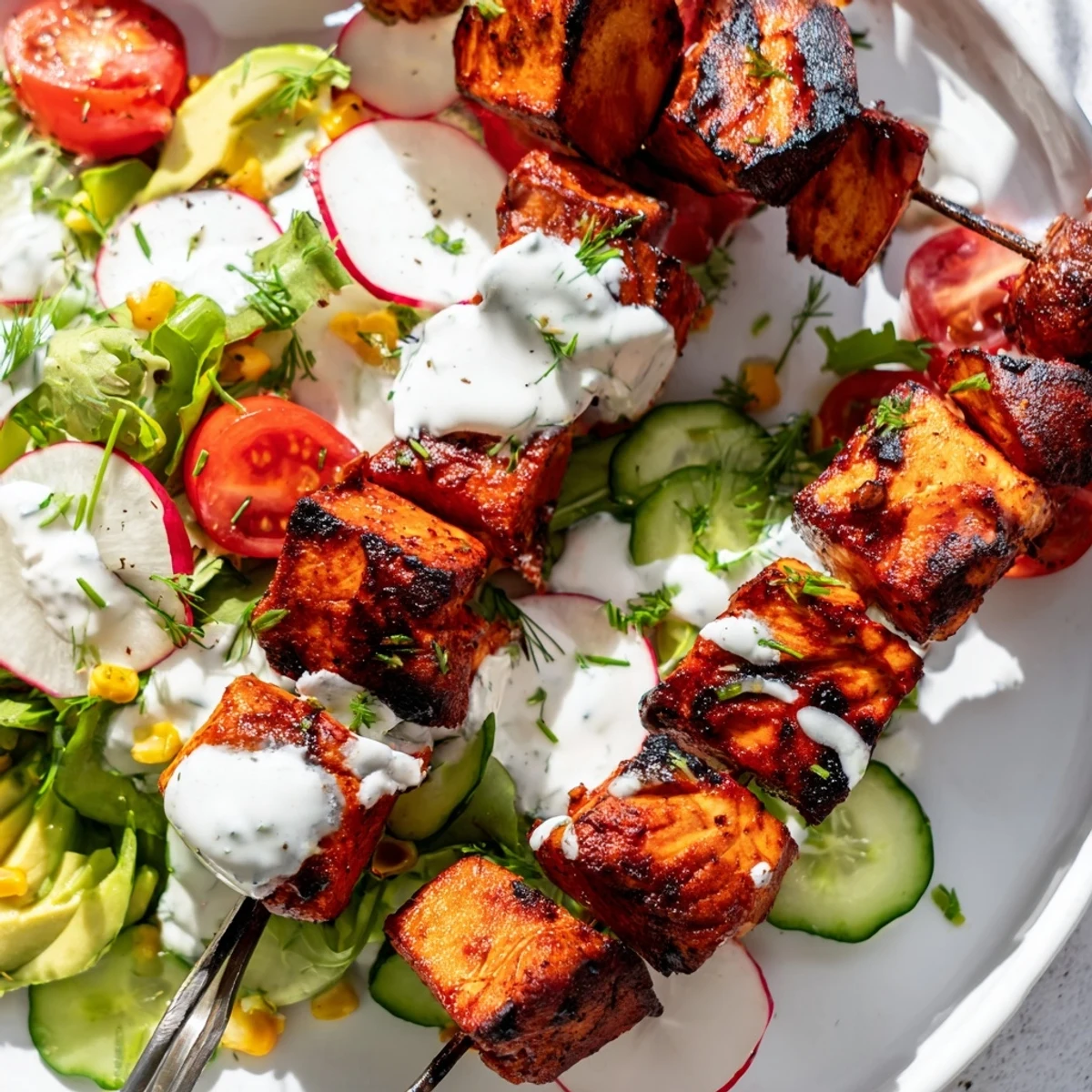Savory BBQ chicken skewers arranged atop mixed greens and vegetables with herby ranch
