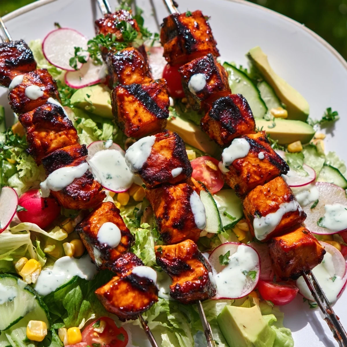 Colorful BBQ chicken skewer salad featuring grilled chicken over fresh vegetables with creamy dressing