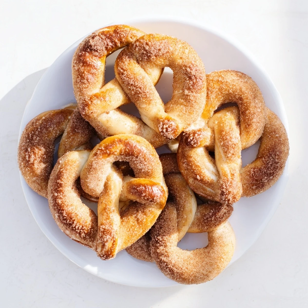 Golden brown cinnamon sugar soft pretzels sprinkled with sweet spice after baking