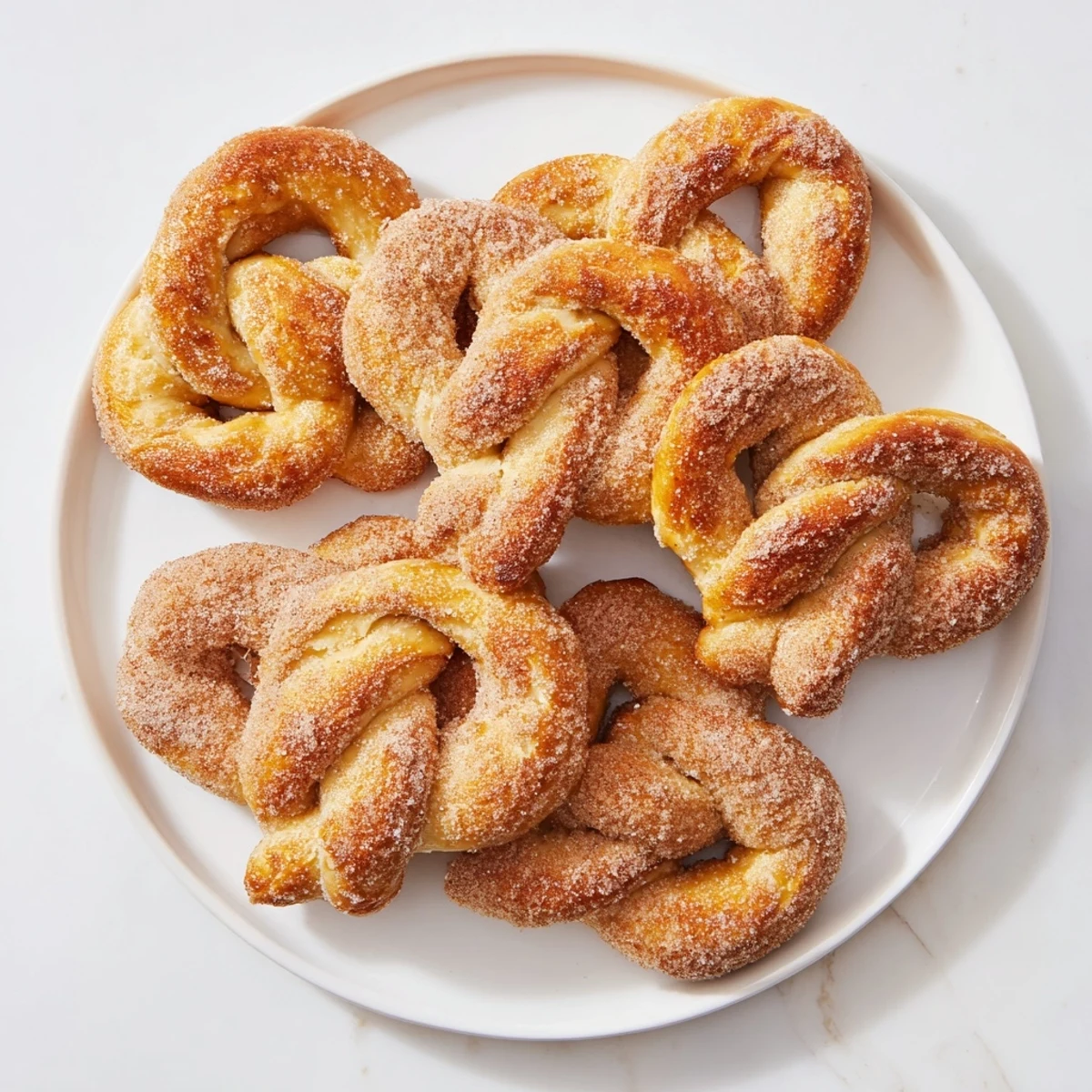 Warm homemade cinnamon sugar soft pretzels brushed with butter and coated in sugary cinnamon
