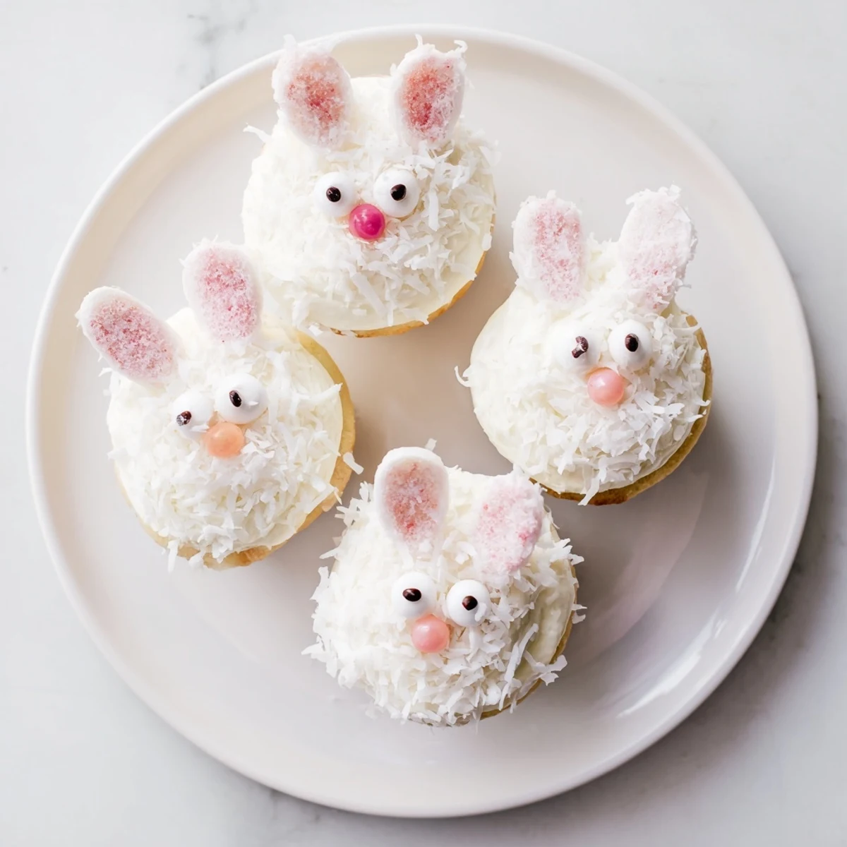 Frosted vanilla bunny cupcakes decorated with coconut, marshmallow ears, and candy eyes for Easter.