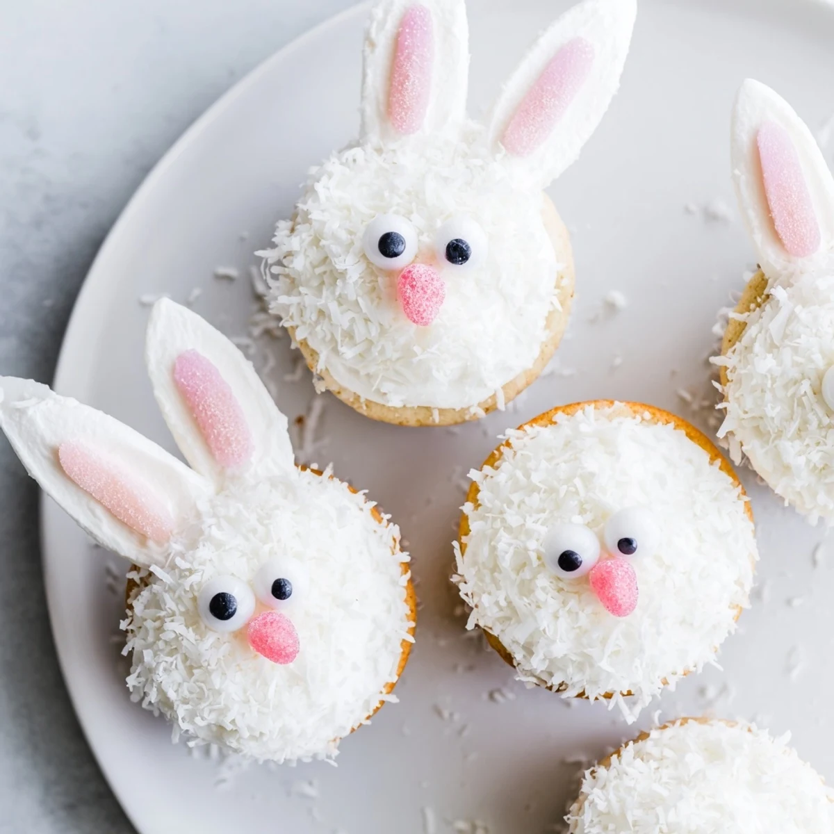 White coconut bunny cupcakes featuring marshmallow ears and googly eyes atop fluffy buttercream frosting.