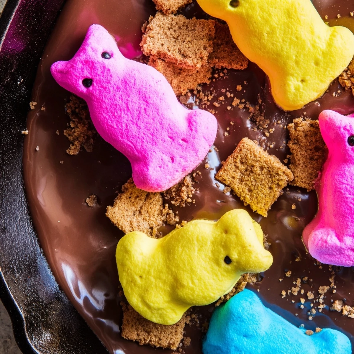 Golden Peeps marshmallow chicks nestled over melted semi-sweet chocolate in a cast iron skillet