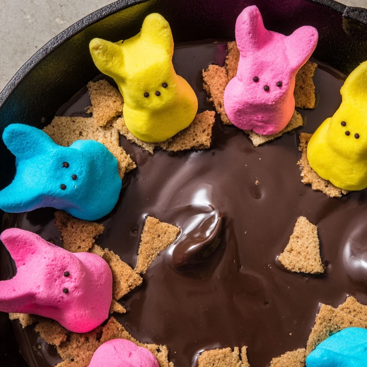 Colorful Peeps skillet s'mores featuring toasted marshmallows and gooey chocolate served with graham cracker dippers