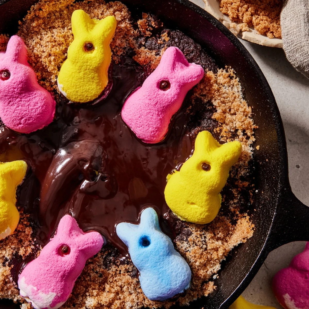 Vibrant Easter Peeps puffed and golden bubbling in rich melted chocolate for easy campfire-style dipping