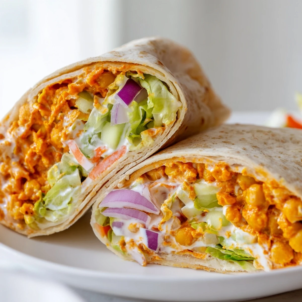 Flour tortilla wrapped around spicy buffalo chickpeas with crisp lettuce and crunchy vegetables