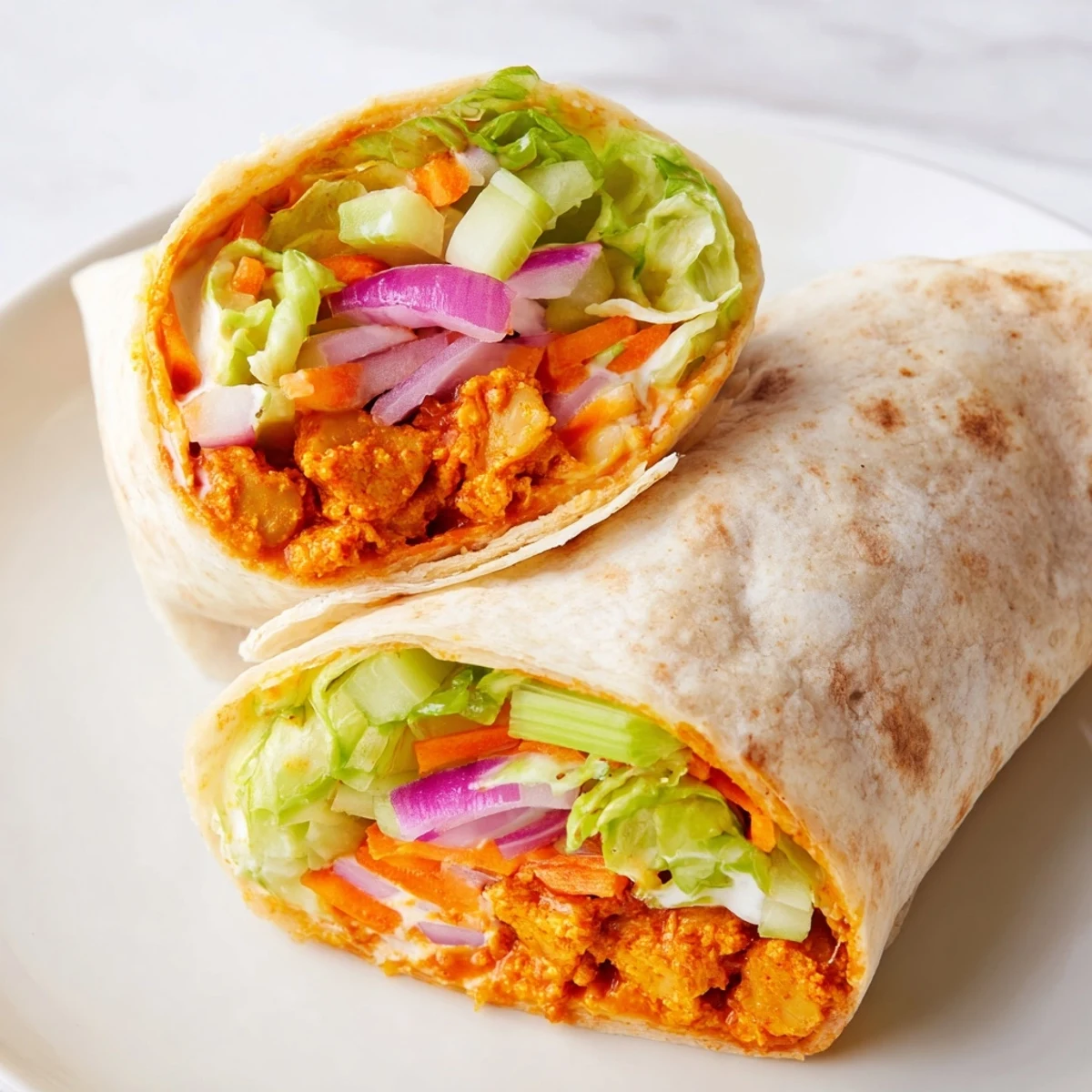 Vibrant buffalo chickpea wrap sliced open revealing tangy sauce coated chickpeas with fresh vegetables