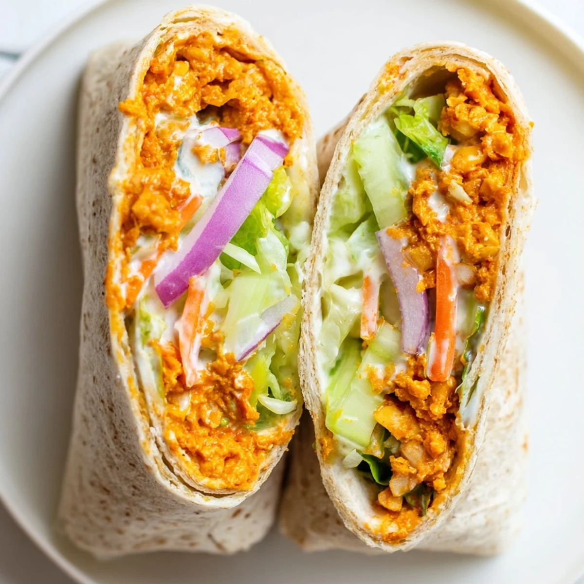 Golden buffalo chickpea filling rolled in a soft tortilla with colorful vegetable toppings