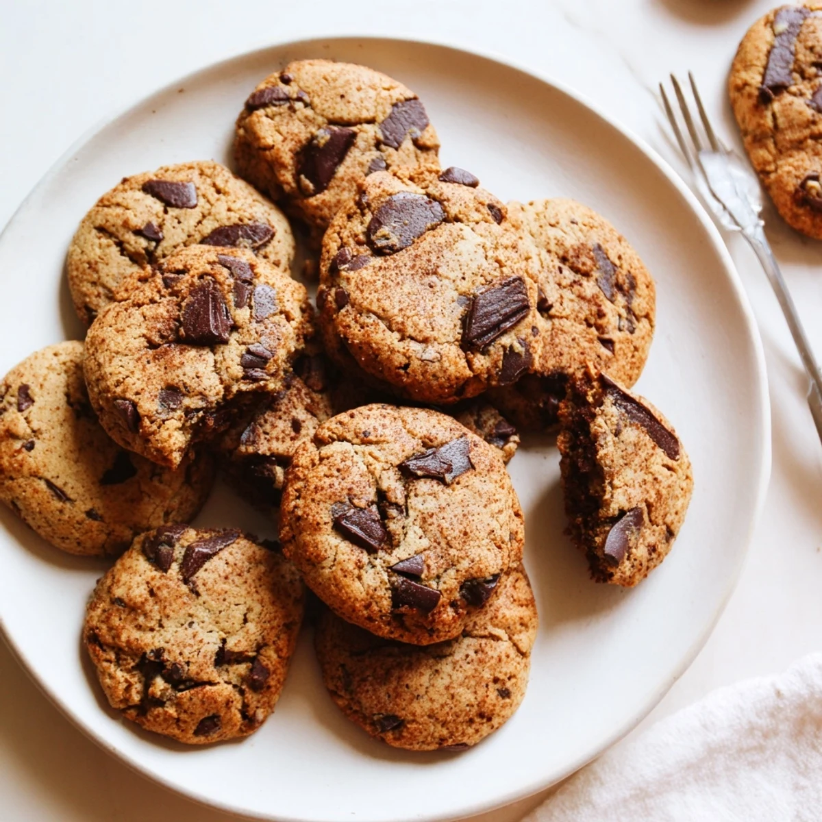 Stack of warm Vietnamese cinnamon chocolate chip cookies on a wooden board with chocolate chunks glistening