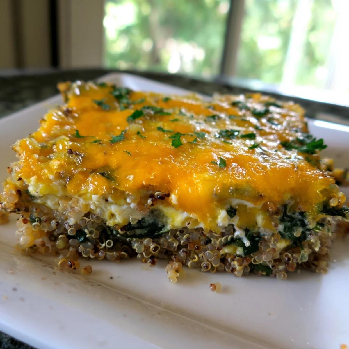 Golden brown quinoa spinach and egg bake with melted cheddar cheese topping on a white ceramic plate