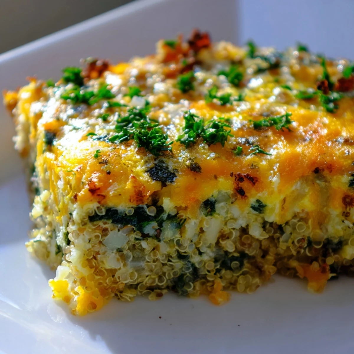 Fluffy baked quinoa casserole with wilted spinach and creamy eggs fresh from the oven sprinkled with parsley