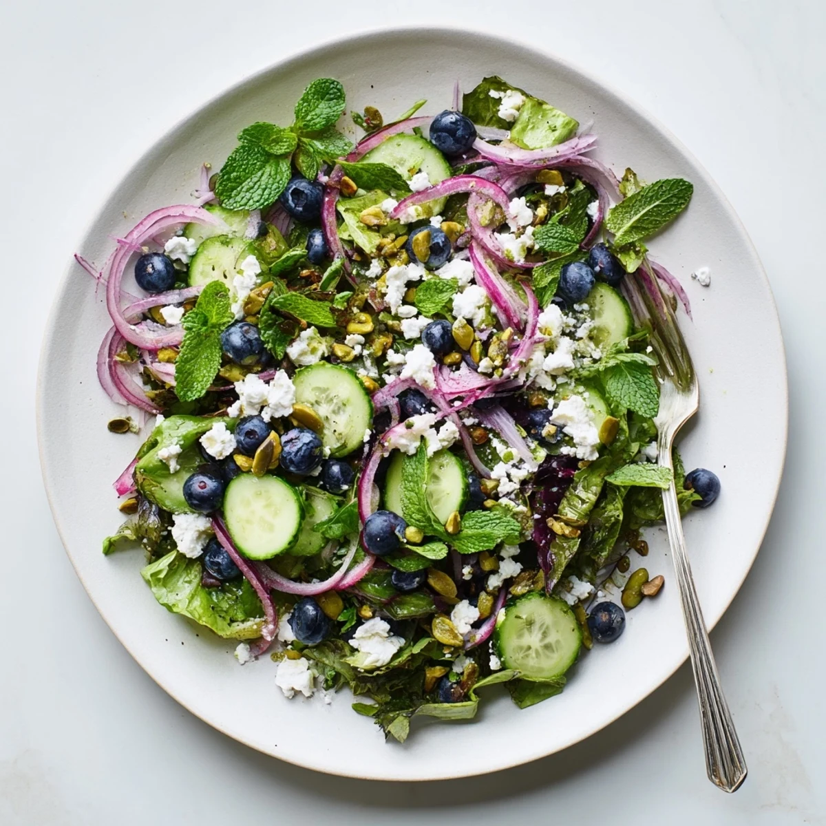 Vibrant blueberry pistachio spring salad drizzled with lemon-honey vinaigrette and topped with crumbled feta cheese