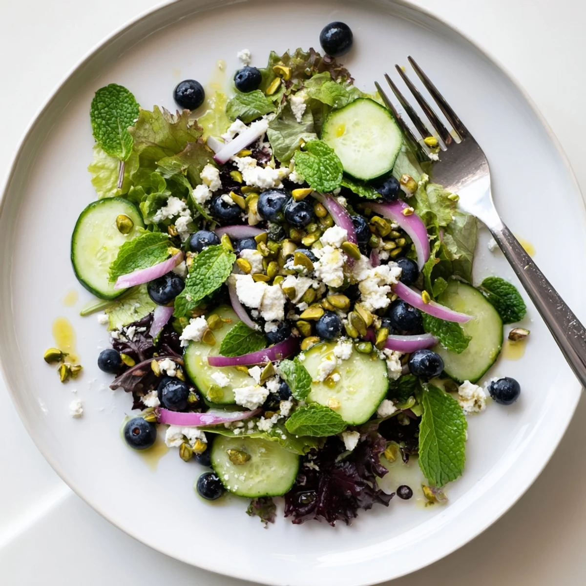 Fresh blueberry pistachio spring salad with spring greens, feta, cucumber, and mint in a bowl