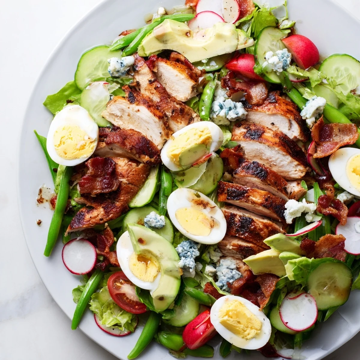 Fresh Spring Cobb Salad with grilled chicken, crisp vegetables, creamy avocado, and blue cheese on a bed of mixed greens
