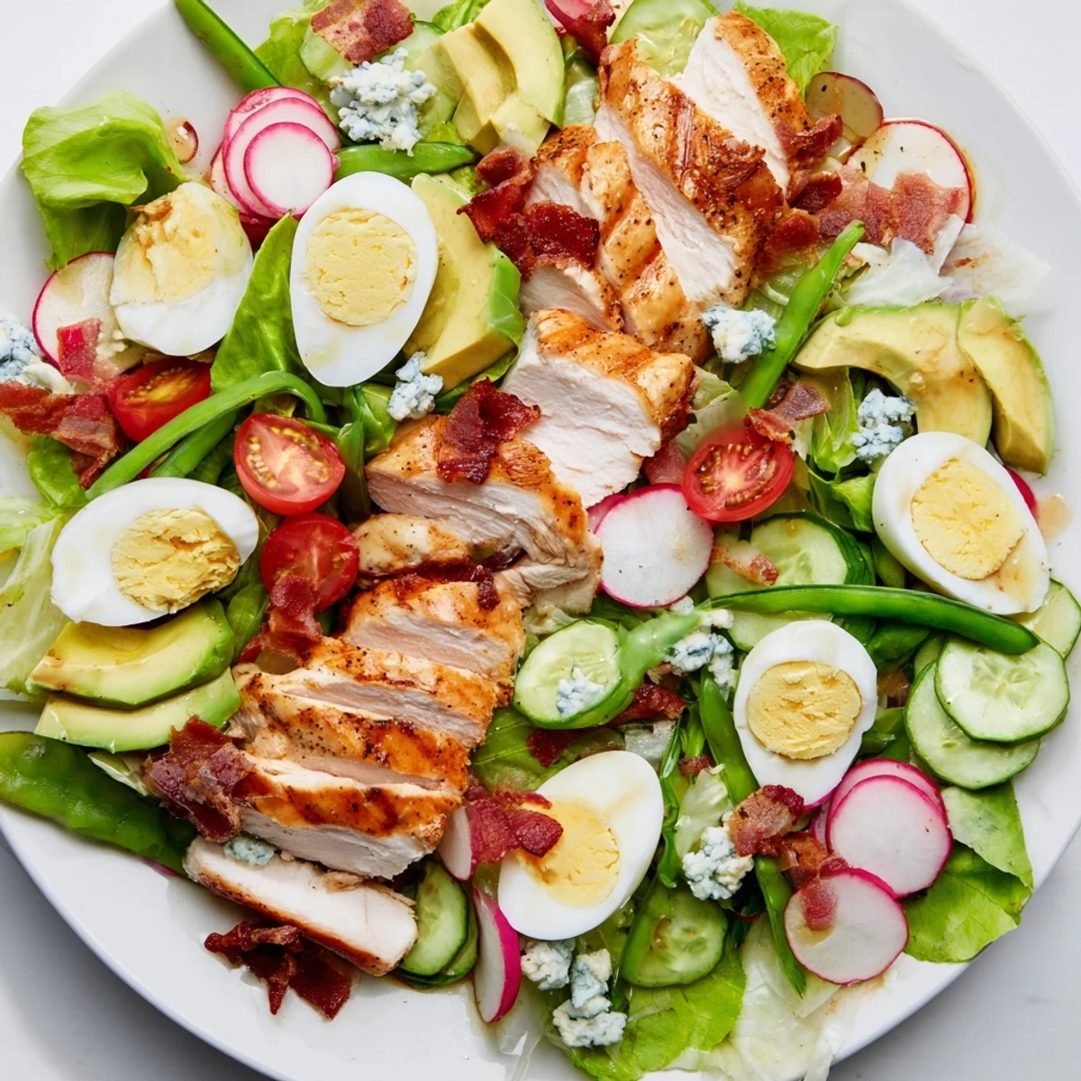 Colorful Spring Cobb Salad arranged in rows with eggs, bacon, snap peas, radishes, and tangy herb vinaigrette