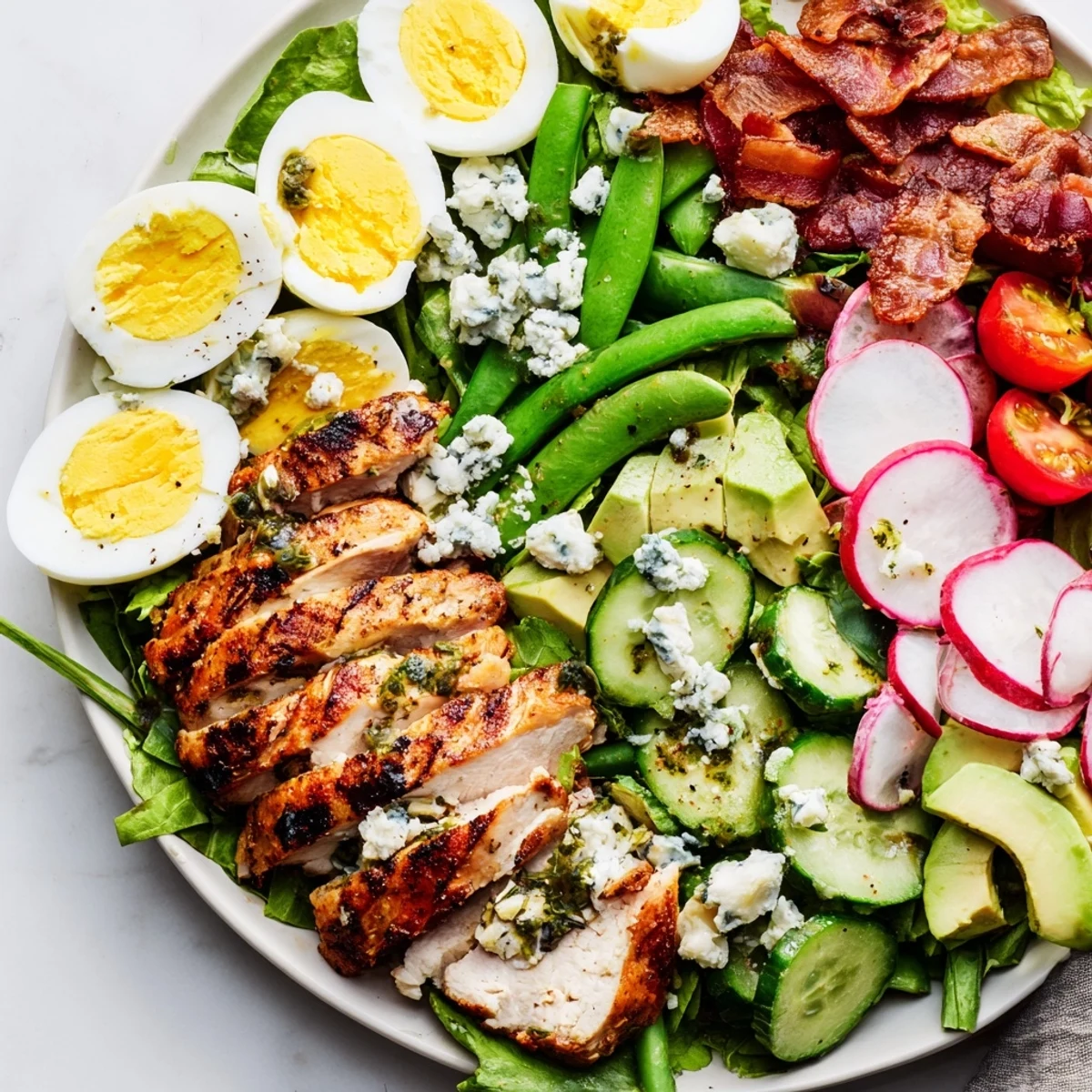Vibrant Spring Cobb Salad featuring seasonal vegetables, tender chicken breast, ripe avocado slices, and crumbled blue cheese