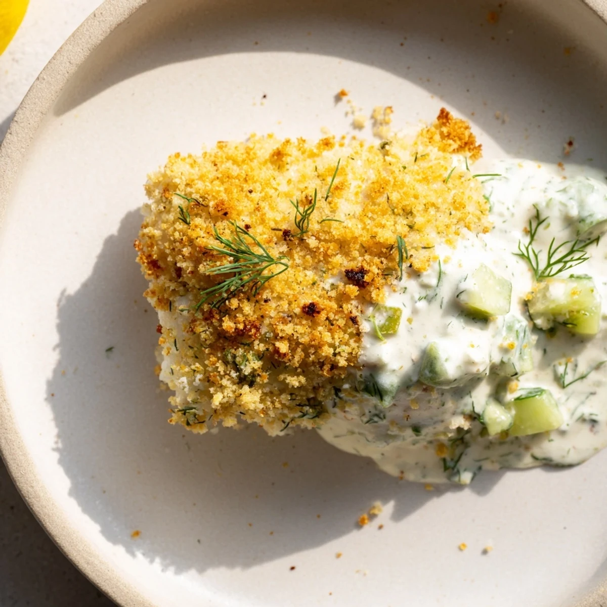Golden crumbed oven baked fish fillets with creamy dill cucumber yoghurt sauce