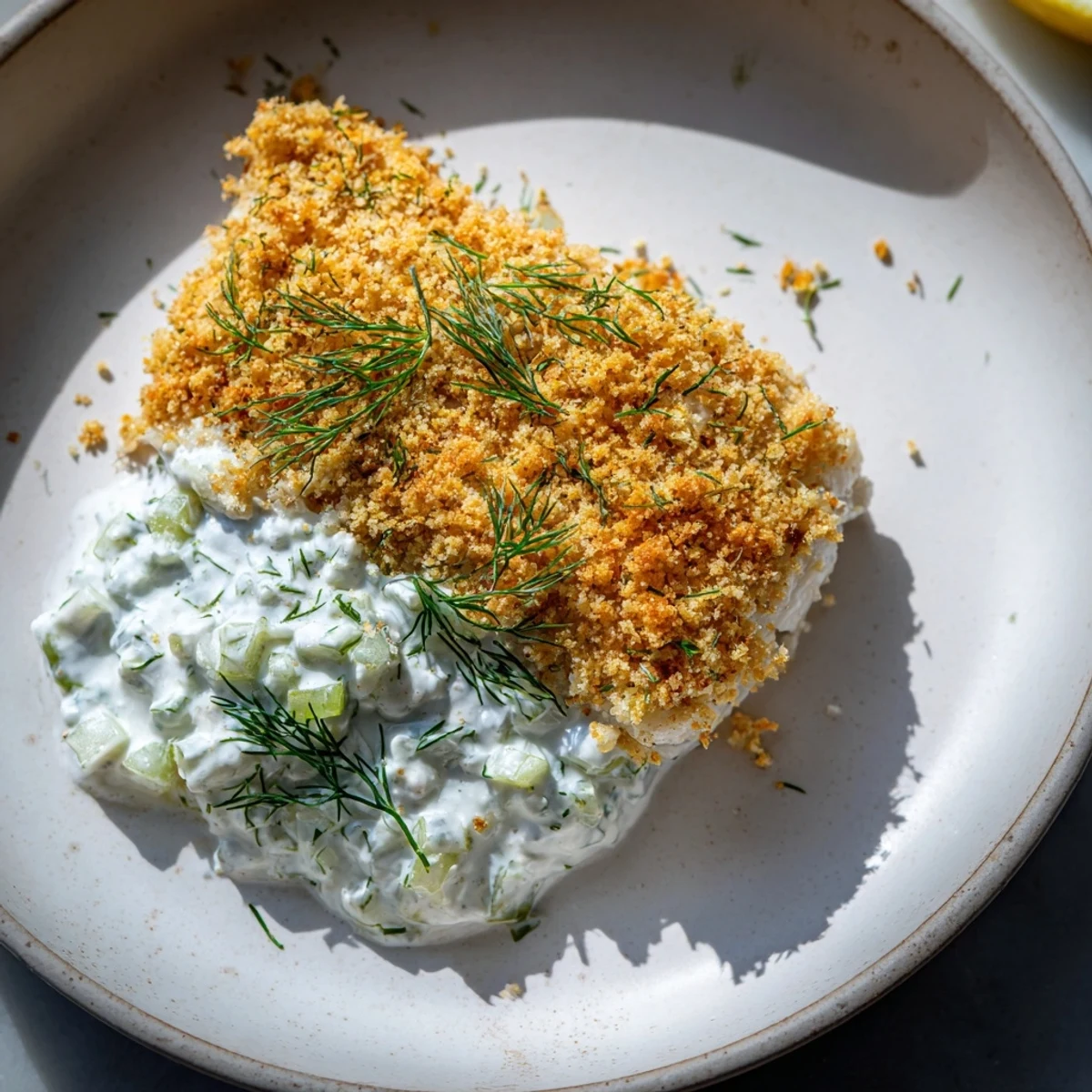 Crispy baked fish with panko crust served alongside zesty lemon cucumber dip