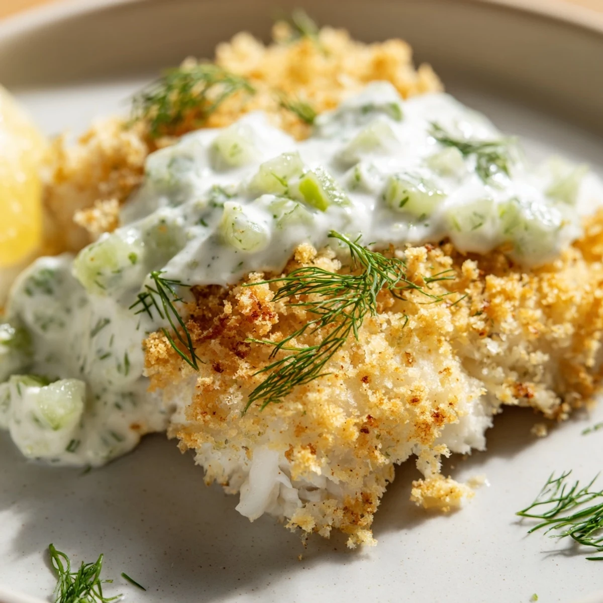 Oven baked crumbed fish topped with fresh dill and refreshing cucumber yoghurt sauce