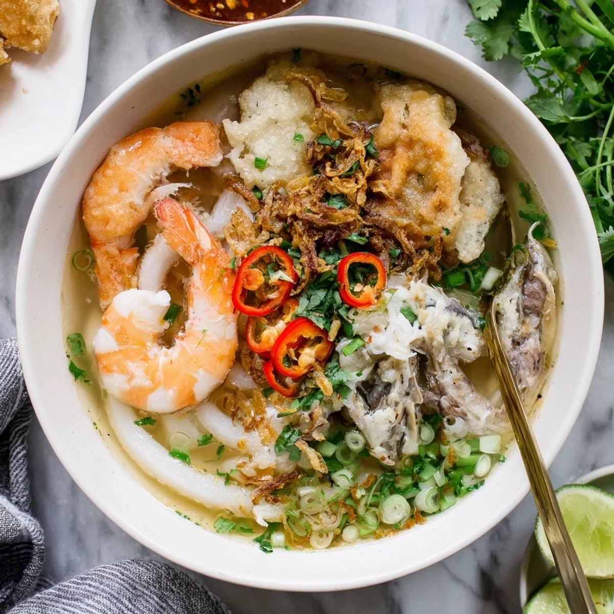 Steaming bowl of Banh Canh Cua with thick tapioca noodles, tender crab meat, and aromatic golden broth garnished with fresh herbs and fried shallots