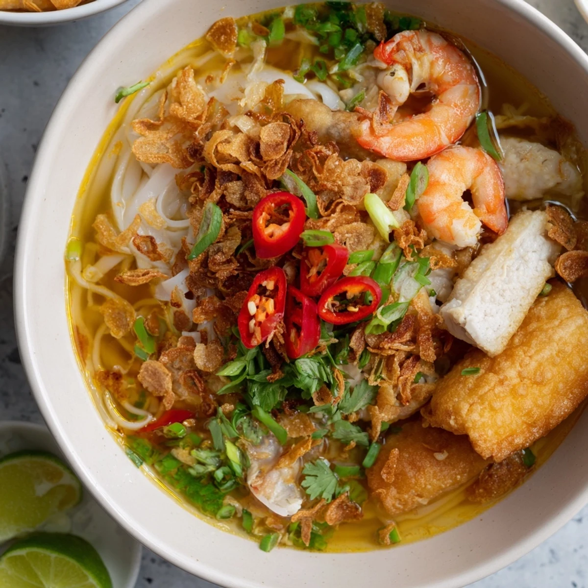 Close-up of Vietnamese Banh Canh Cua featuring succulent crab chunks, springy noodles, shrimp, and fish cakes in a rich savory soup topped with cilantro