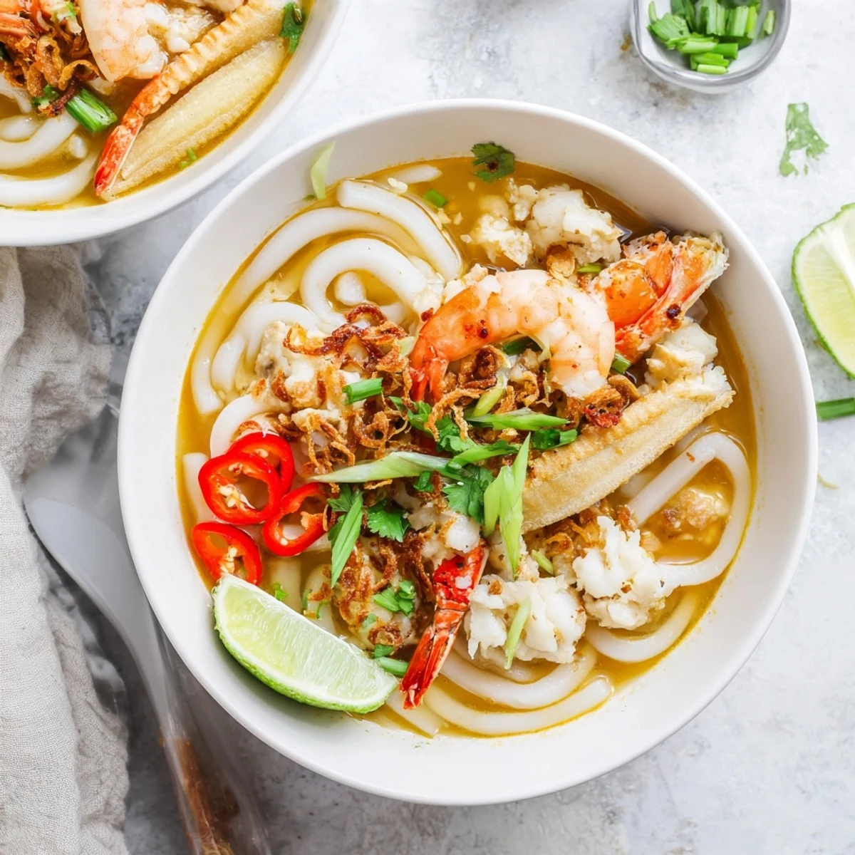 Banh Canh Cua noodle soup showcasing glossy tapioca noodles swimming in flavorful crab broth with spring onions, lime wedges, and red chilies