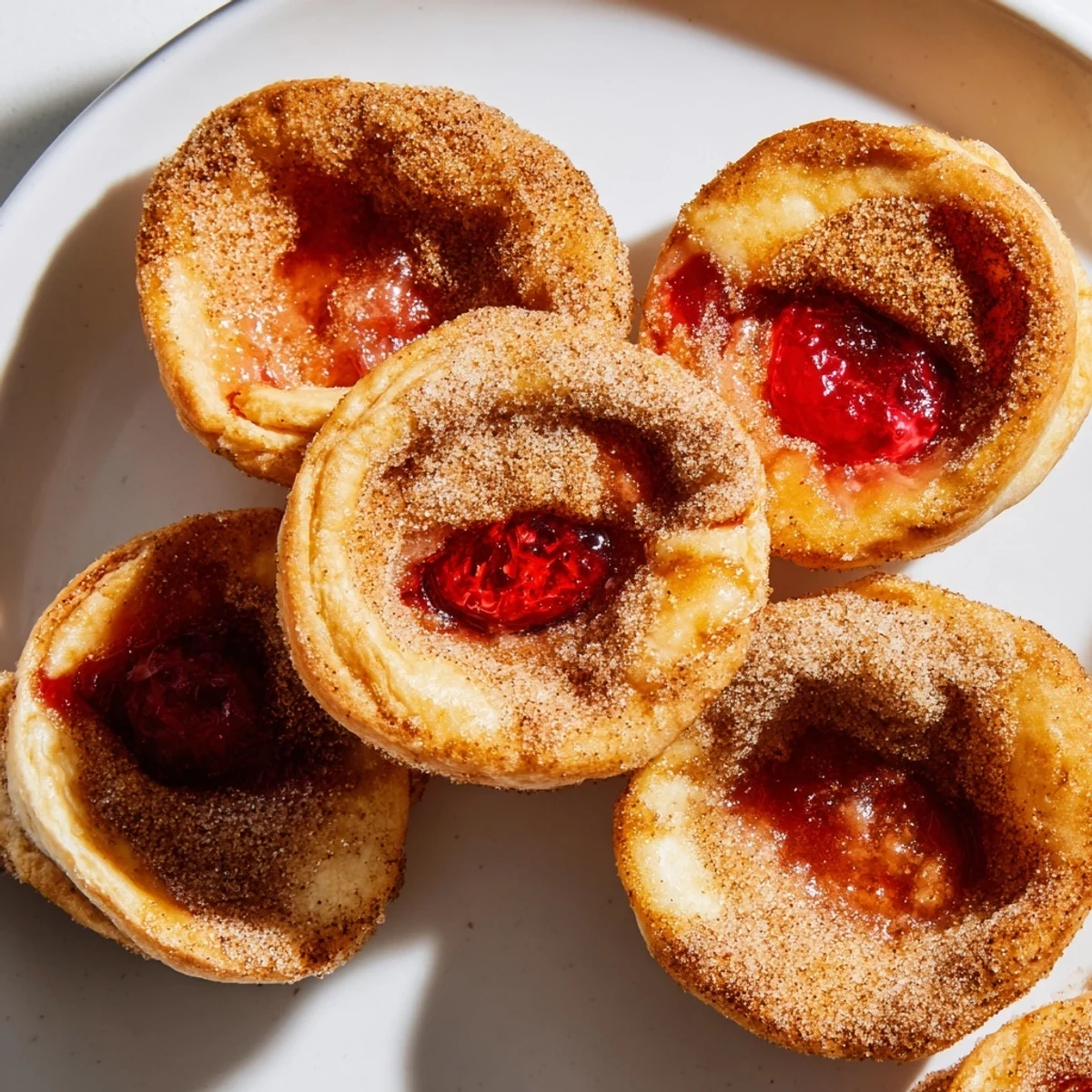 Golden cherry pie bites with bubbling red fruit filling nestled in buttery baked crust