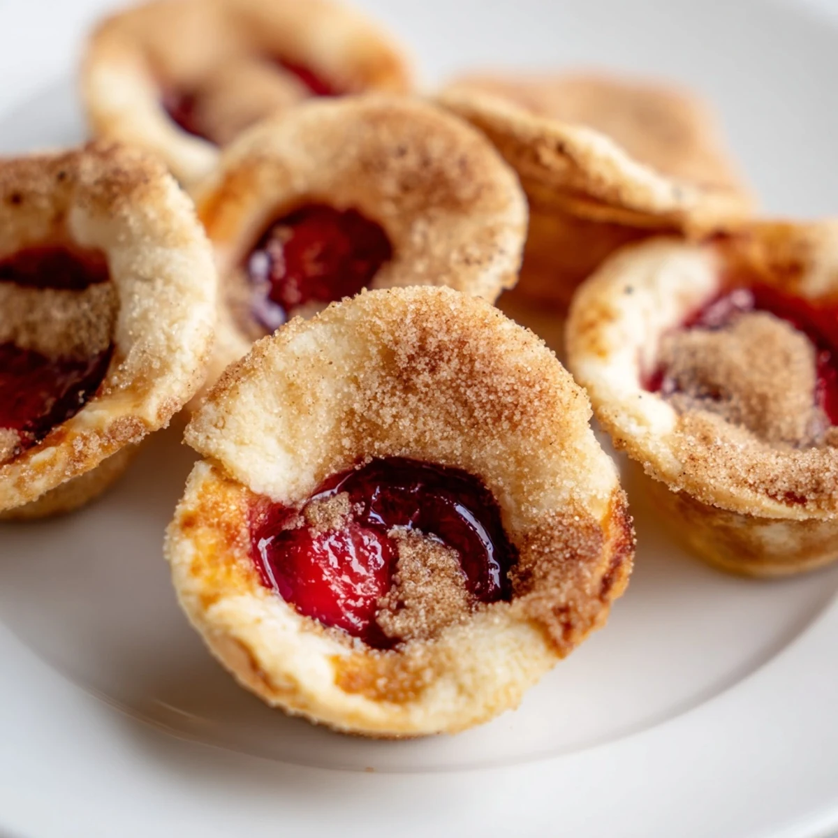 Mini cherry pie bites arranged on serving platter with cinnamon sugar dusted edges
