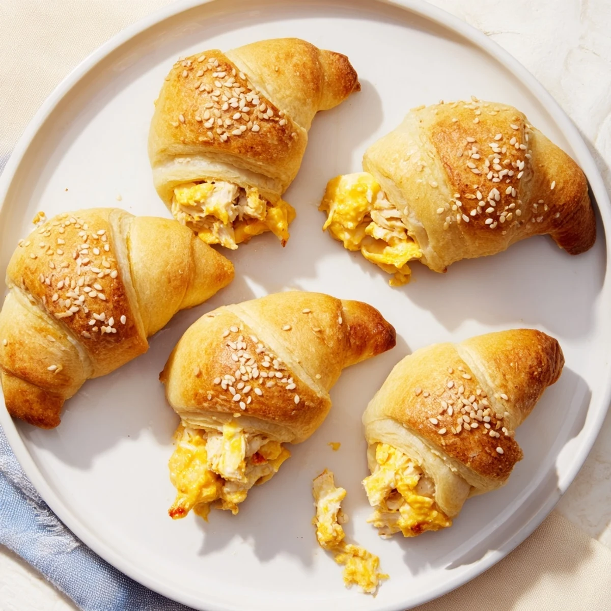 Homemade cheesy chicken pockets featuring cream cheese filling and sesame seed topping on a wooden serving board