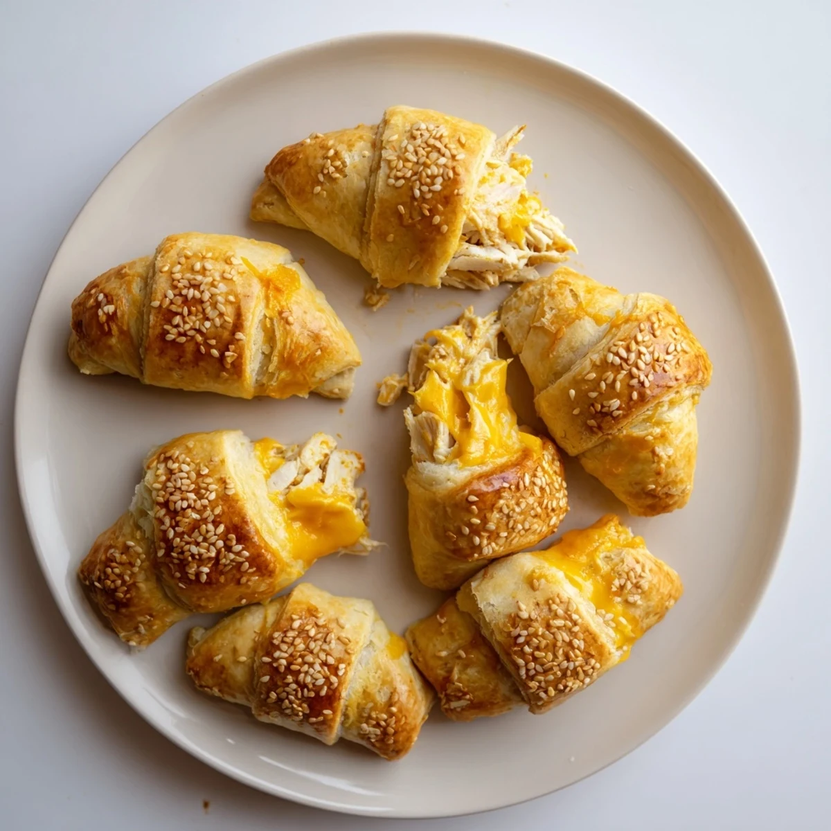 Golden baked cheesy chicken pockets with flaky pastry and melted cheddar cheese oozing from the center