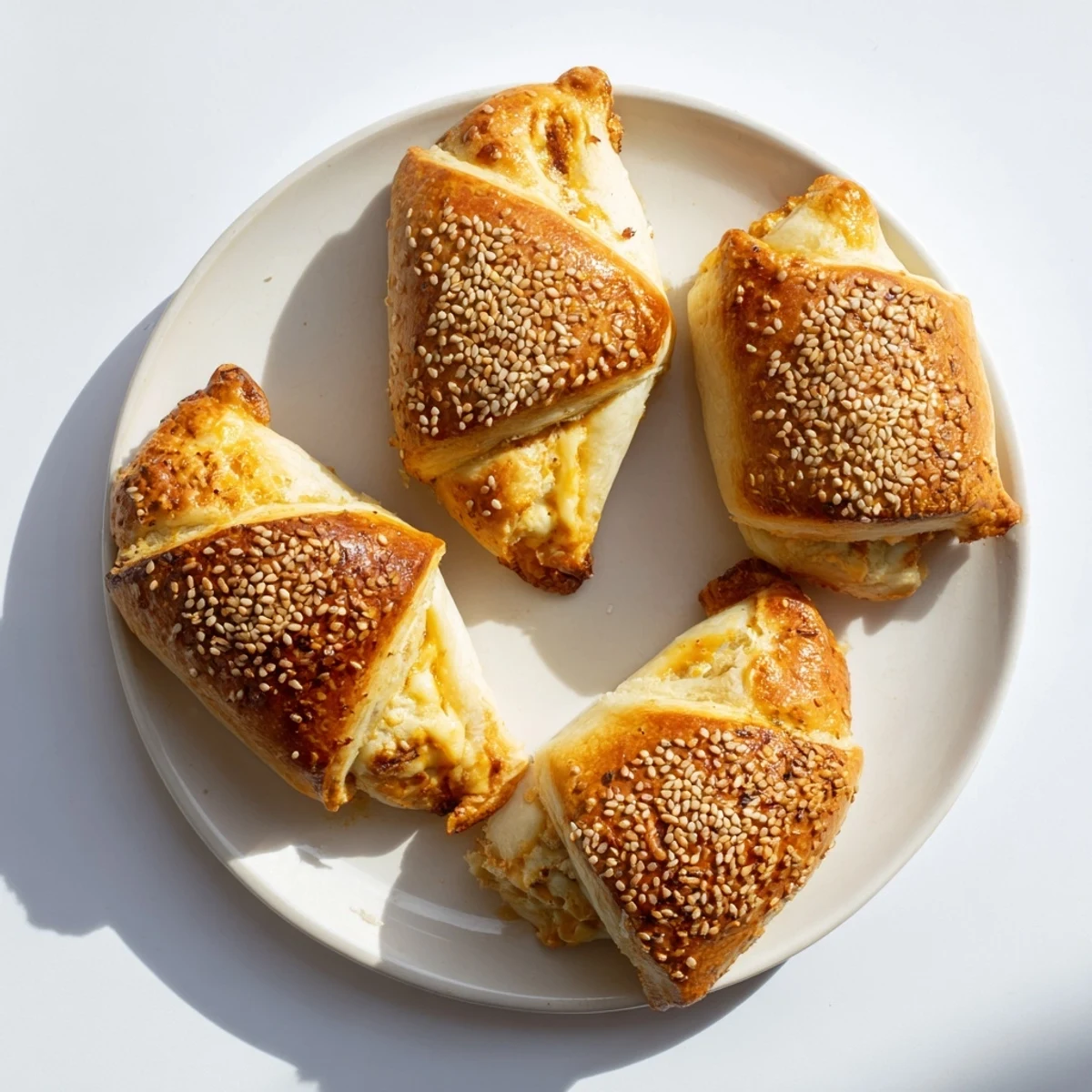 Freshly baked cheesy chicken pockets cut open to reveal tender chicken and gooey cheese interior