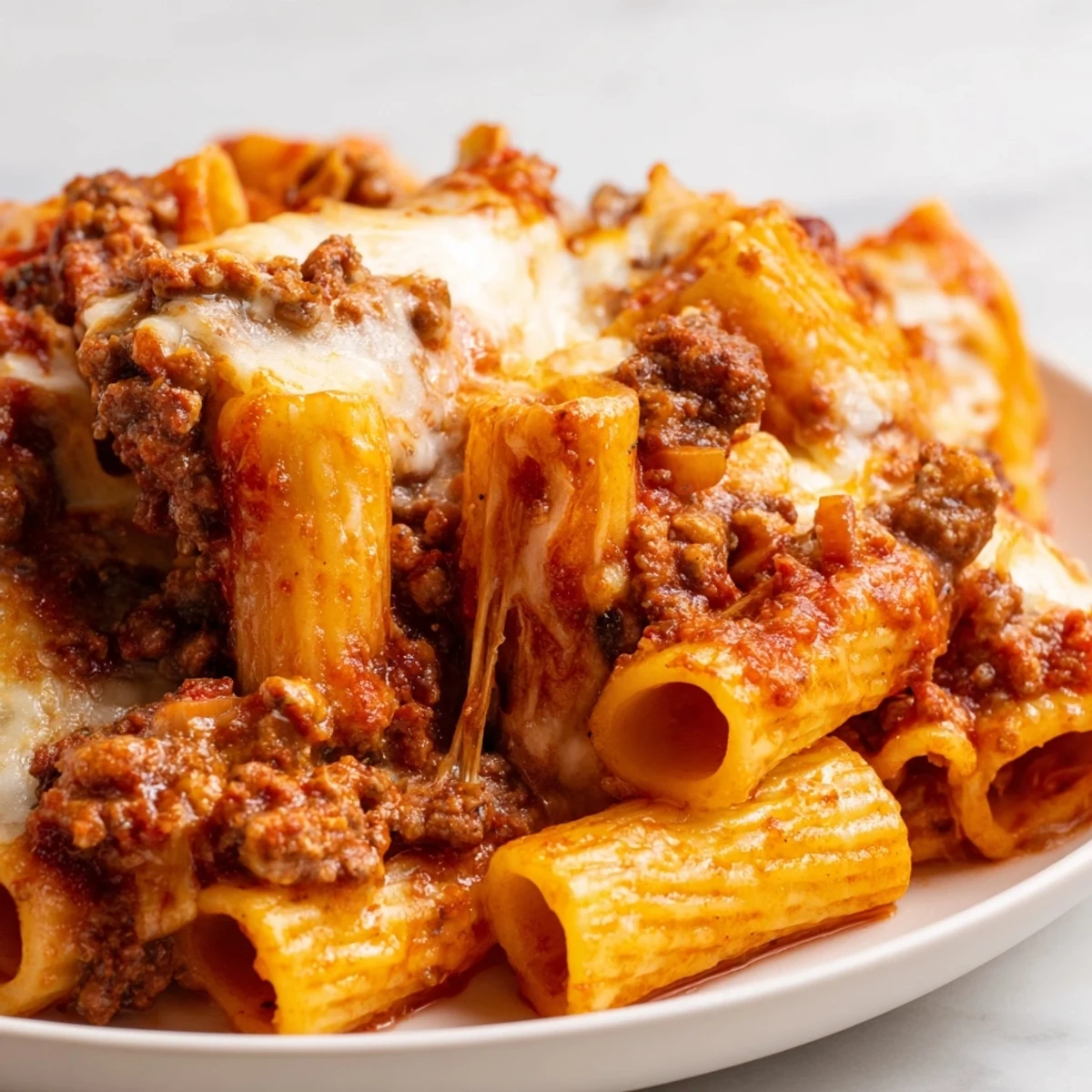 Golden bubbling Bolognese pasta bake fresh from the oven with melted mozzarella topping
