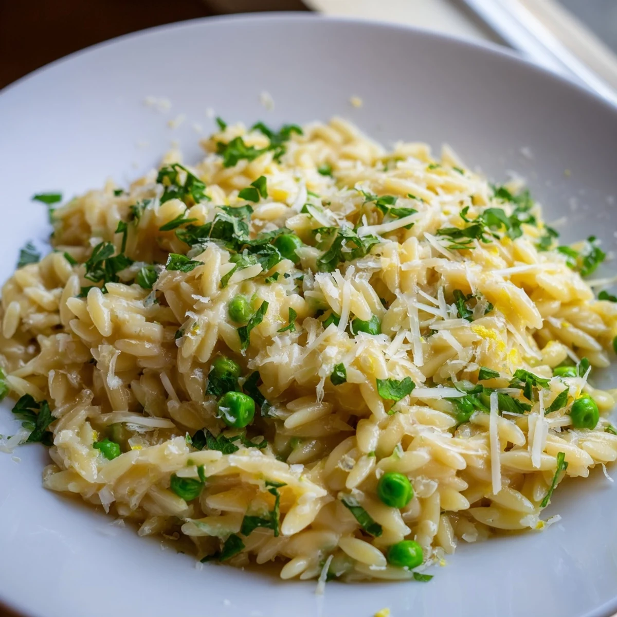 Tender lemon orzo pasta dish garnished with green parsley and white cheese