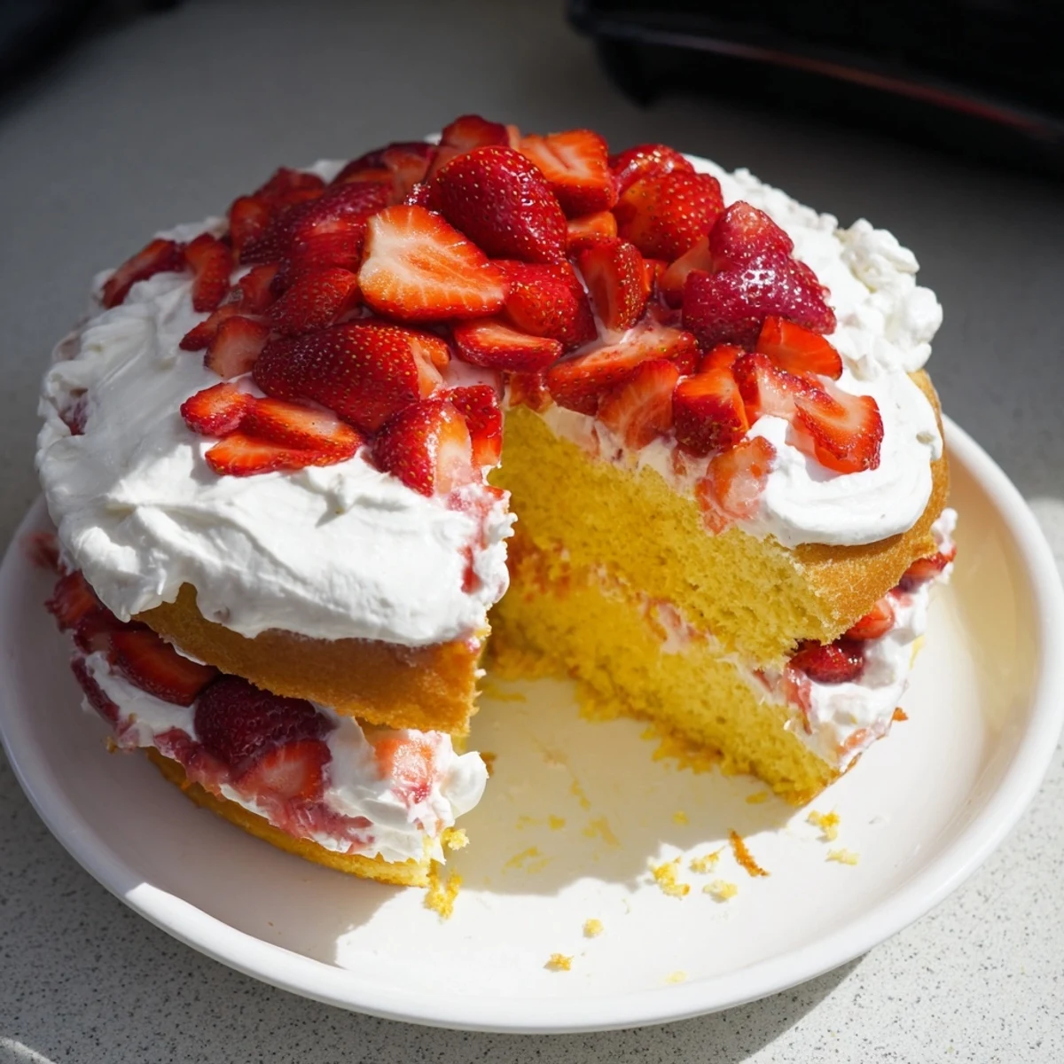 Golden vanilla sponge cake layered with sweet whipped cream and fresh red strawberry slices