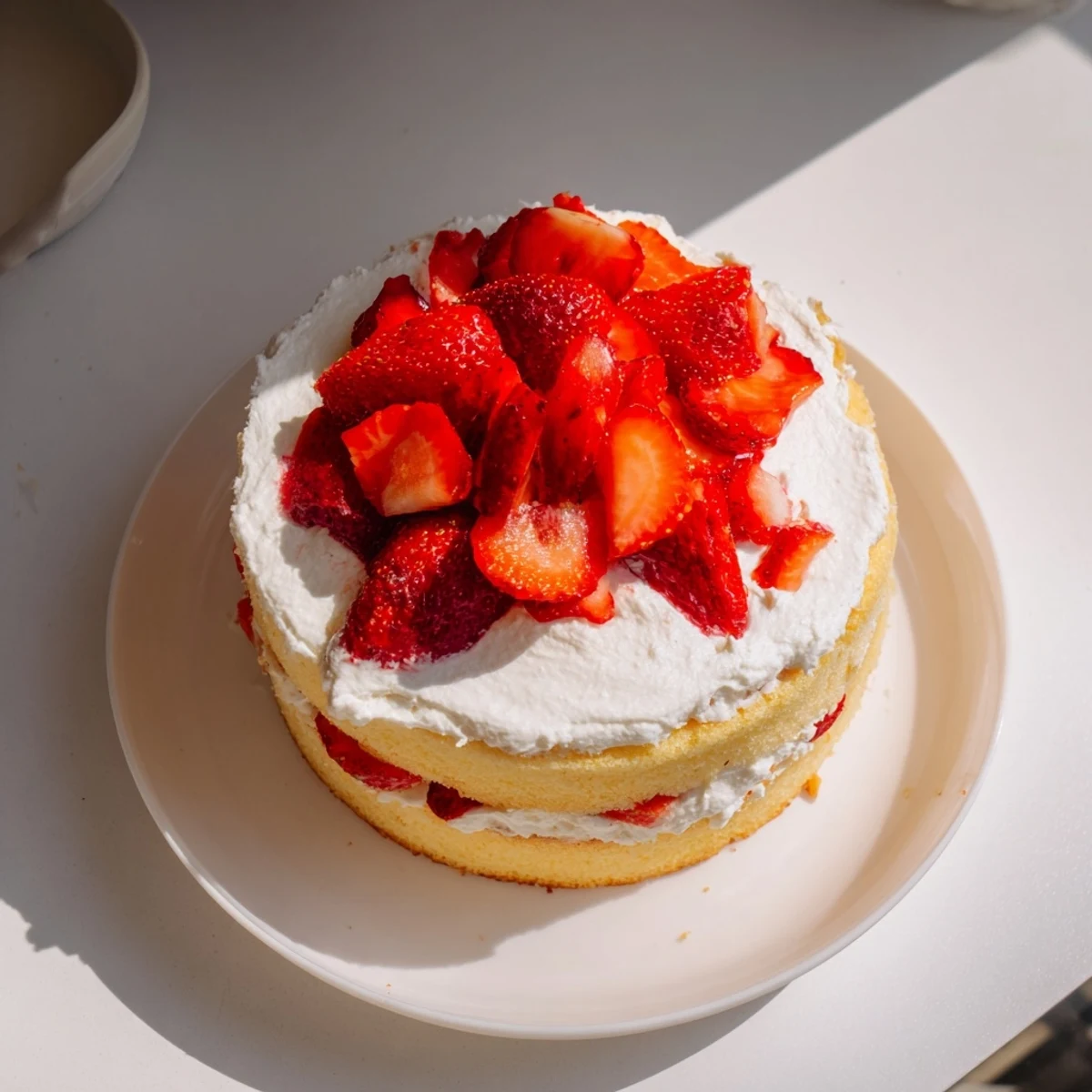 Rustic strawberry shortcake cake topped with fluffy white whipped cream and juicy macerated berries