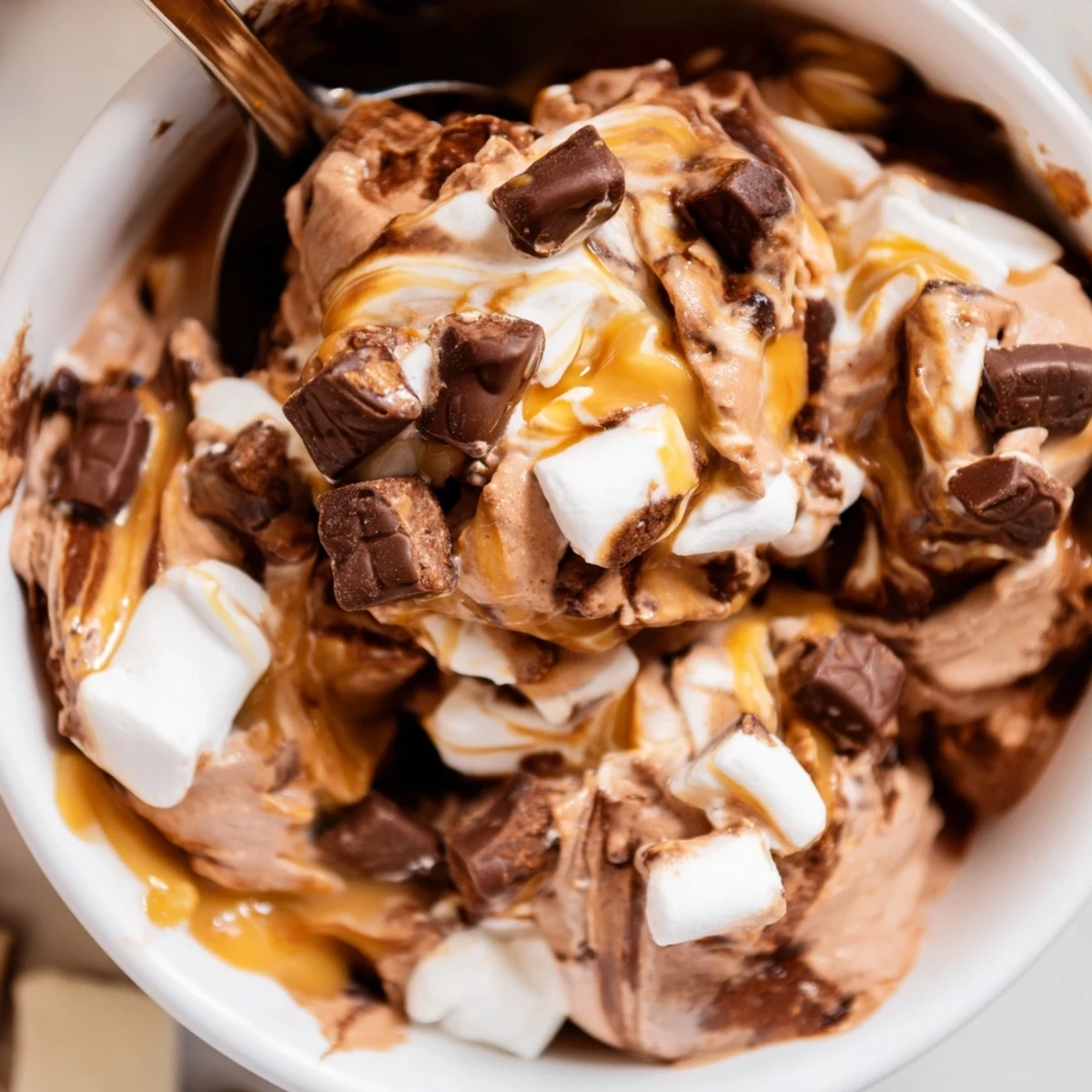 Scoop of rich chocolate Ninja Creami Phish Food ice cream topped with gooey marshmallow swirl and golden caramel drizzle on a white plate