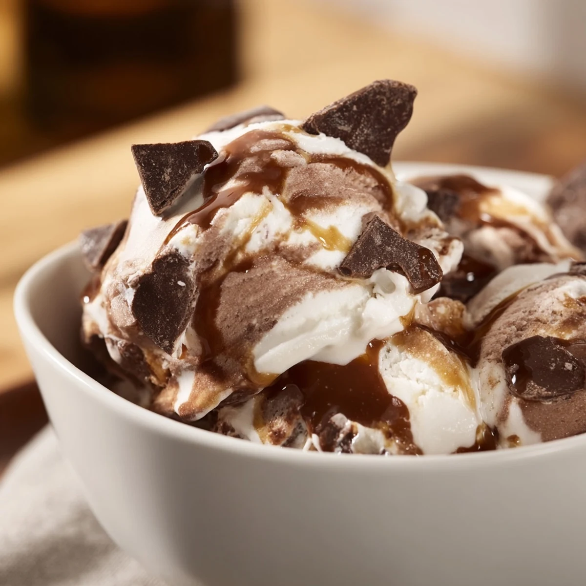 Velvety homemade Ninja Creami Phish Food ice cream featuring chunky chocolate fish pieces and sweet caramel-marshmallow ribbons in a serving bowl